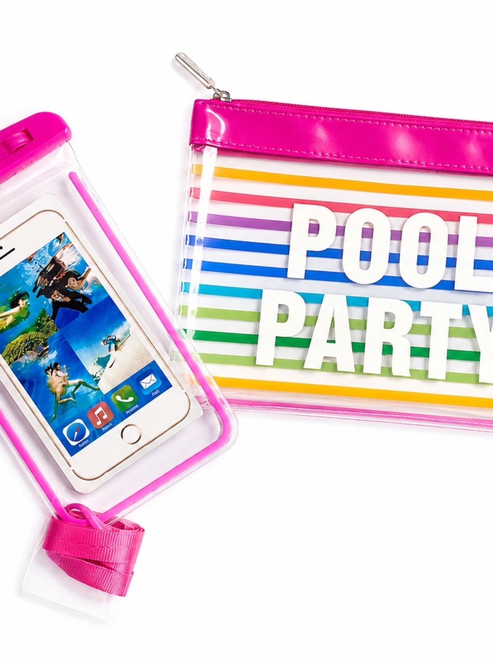 Clear 'Pool Party' Stripe Waterproof Bag with Matching Waterproof Phone Case
